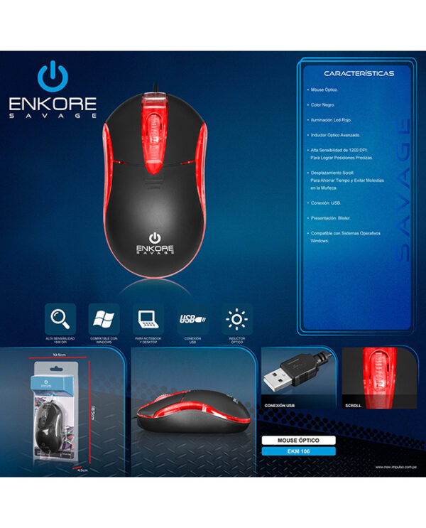 MOUSE OPTICO ALAMBRICO ENKORE SAVAGE EKM 106